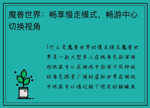魔兽世界：畅享慢走模式，畅游中心切换视角